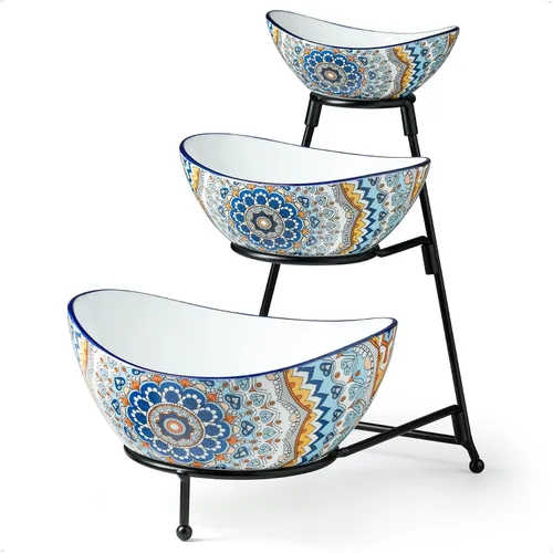 Vista 12 de YHOSSEUN Soporte de 3 niveles para servir con juego de 3 tazones ovalados de porcelana para servir con soporte de metal plegable más grueso