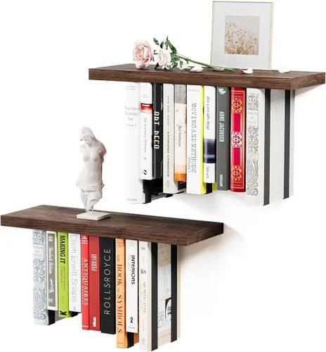 Vista 8 de Estantería flotante para pared, estantería colgante de madera rústica, estante de libros boca abajo y estantes montados en la pared para decoración