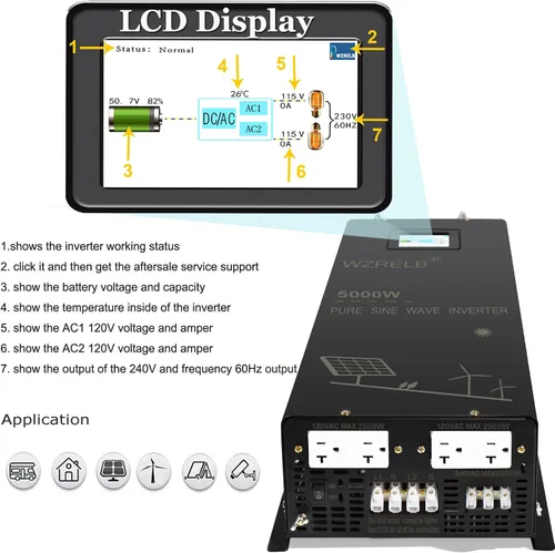 Vista 2 de Inversor de onda sinusoidal pura de 5000W 24V, 24 voltios DC a CA 120V 240V inversor de potencia de fase dividida, 2 terminales de cable de CA
