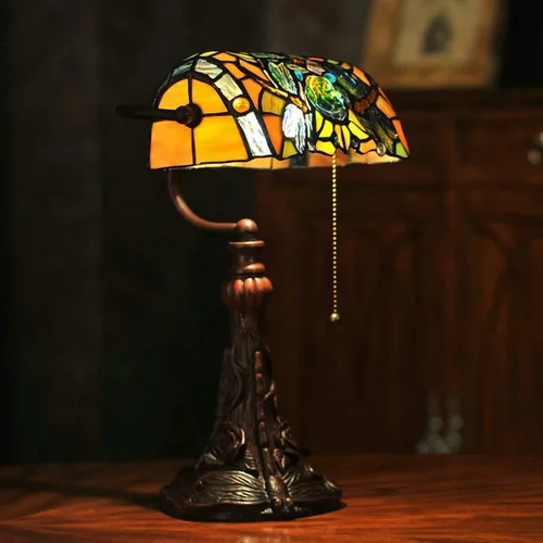 Vista 3 de Tiffany - Lámpara de mesa con vitrales para sala de estar, lámpara de piano con libélula lateral, pequeña de 15.5 pulgadas de alto, lámpara