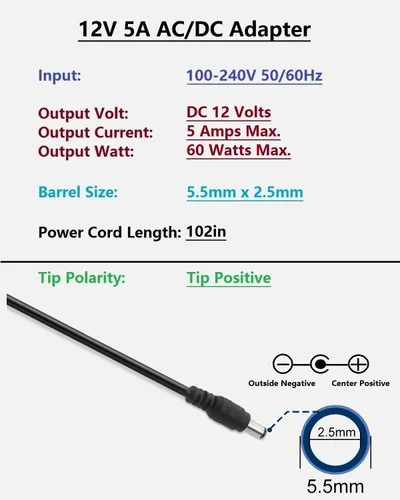 Vista 2 de Fuente de alimentación regulada de 12 V 5 A CC, CA 100-240 V 50-60 Hz a CC 12 voltios 5 amperios, reemplazo del cable adaptador de corriente