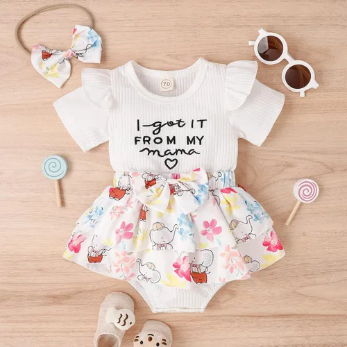 Vista 2 de Mameluco para bebé recién nacido, con estampado de letras y lazo, estampado floral, para niña de 0 a 18 meses