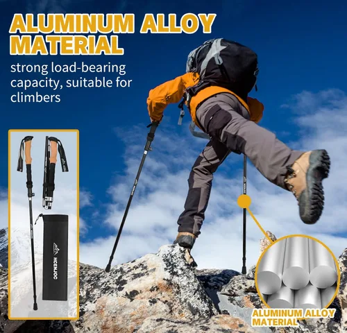 Vista 4 de Juego de 2 bastones de senderismo plegables de aluminio con mango de corcho con sistema de bloqueo rápido, telescópicos, plegables, ultraligeros