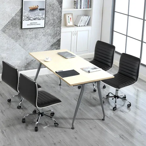 Vista 8 de Yaheetech Silla de escritorio negra sin brazos con ruedas, piel sintética acanalada (paquete de 2)