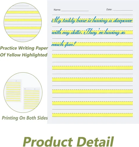 Vista 3 de Write - Papel para principiantes nivel 1, papel de escritura con líneas y resaltados amarillos, papel de escritura para niños, papel de 3.53 oz/m²