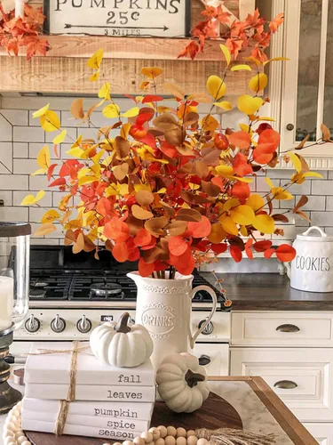 Vista 13 de Beferr Decoración de tallos de eucalipto de otoño, 5 piezas de ramas de eucalipto artificiales de 23 pulgadas, hojas de otoño, arreglos florales