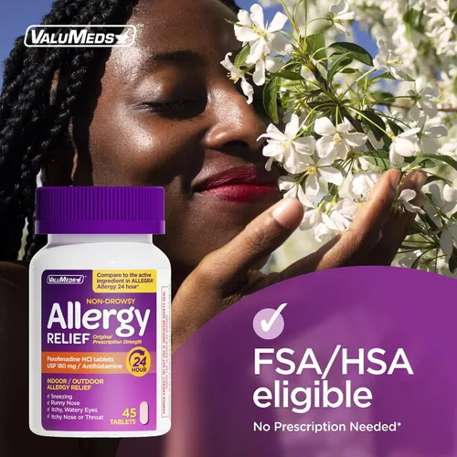 Vista 4 de ValuMeds alivio de alergia de 24 horas fexofenadina clorhidrato 180 mg medicamento genérico antihistamínico sin somnolencia para alergias, fiebre