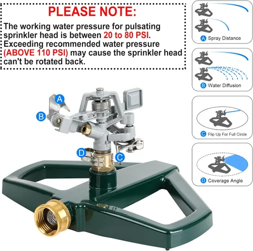 Vista 3 de STYDDI Aspersor Pulsante de Impacto para Trabajo Pesado para Patio, Aspersor de Césped de Impulso Circular Giratorio Ajustable de Metal Completo