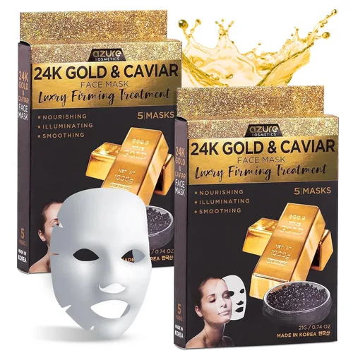 Vista 7 de Azure Cosmetics Máscara Facial Reafirmante de Oro de 24 Quilates - Antienvejecimiento, Hidratante, Tonificante y Reafirmante - Hoja Facial - Ayuda a