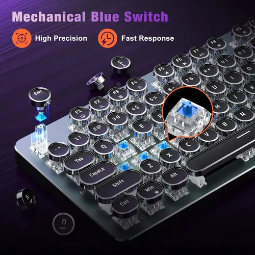 Vista 4 de RisoPhy Teclado mecánico para juegos estilo máquina de escribir, panel de metal, teclas redondas punk retro, interruptor azul clicky