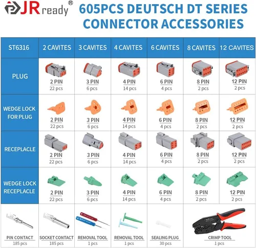 Vista 2 de JRready Kit de conectores Deutsch, conector de 2 pines, 3 4 6 8 12 pines grises impermeables DT DTM, herramienta de crimpado Deutsch, contactos