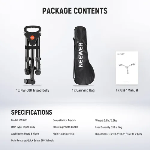 Vista 10 de NEEWER Dolly para Trípode de Fotografía, Ruedas de Trípode de Alta Resistencia con Capacidad de 50 libras y Ruedas de Goma de 3 pulgadas