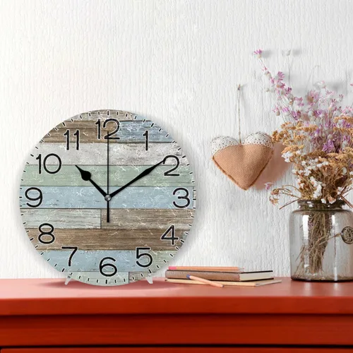 Vista 2 de Reloj de pared de madera azul y marrón, estilo rústico costero, decorativo, redondo, funciona con pilas, sin tictac, silencioso, cuarzo analógico
