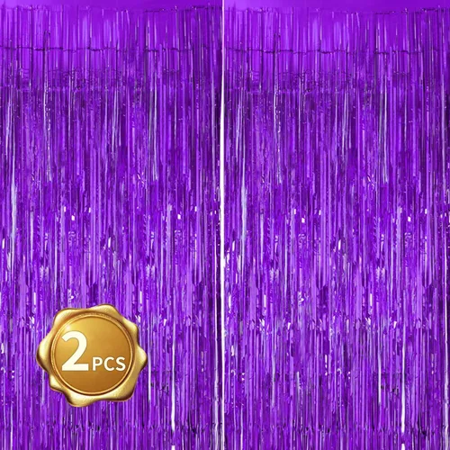 Vista 13 de BEISHIDA Paquete de 2 cortinas de flecos de aluminio, cortinas metálicas de oropel negro, cortina de fondo de fotos para Halloween, boda, despedida
