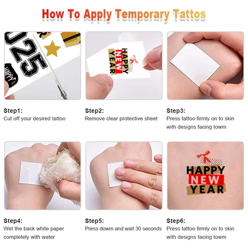 Vista 8 de 65 piezas de suministros para fiesta de Año Nuevo, 12 hojas de calcomanías de tatuajes temporales, decoraciones de feliz año nuevo, decoración NYE