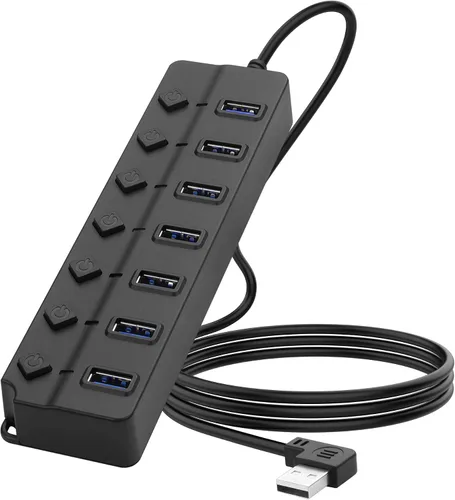 Vista 10 de Divisor de concentrador USB de 90 grados YACSEJAO USB 2.0 Hub de datos con botón LED individual interruptor de encendido/apagado DC5.5 x 2.1 puerto
