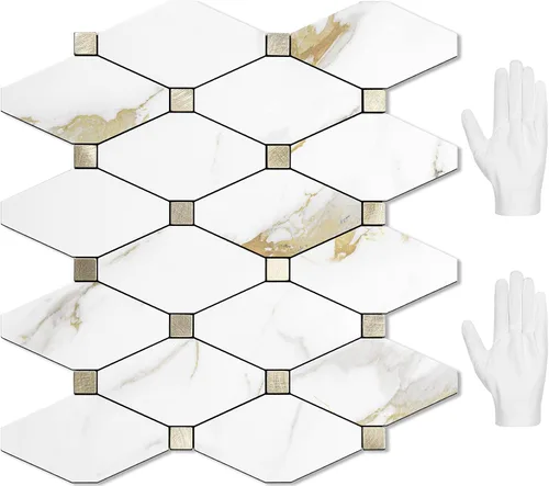 Vista 22 de STICKGOO 1 hoja de salpicaduras de pared para despegar y pegar, adhesivos de azulejos compuestos de aluminio Calacatta, salpicaduras autoadhesivas