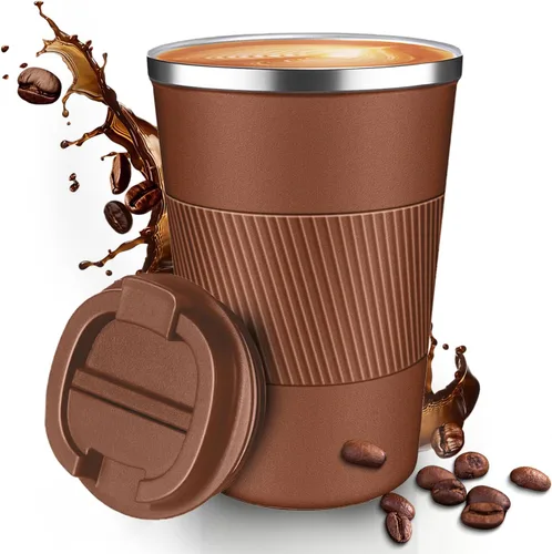 Vista 10 de Taza de Café de Viaje de 12 OZ, Taza de Café Aislada con Tapa a Prueba de Derrames y Fugas, Vaso Portátil de Acero Inoxidable Reutilizable para Agua