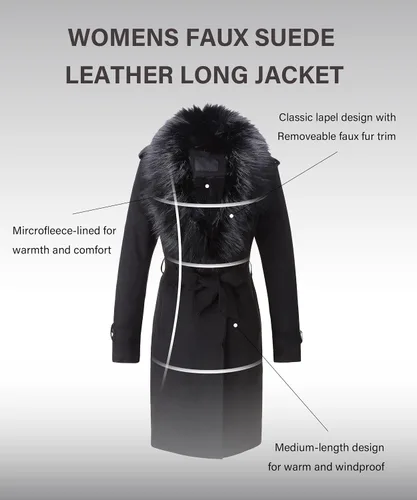 Vista 3 de Bellivera - Chaqueta larga de piel sintética para mujer otoño e invierno gabardina de moda con cuello de piel desmontable