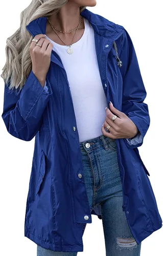 Vista 7 de Kikibell Chaqueta de lluvia para mujer con capucha, con forro a rayas, ligera, impermeable para exteriores, cortavientos Verde militar