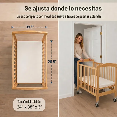 Vista 3 de L.A. Baby Cuna de madera, mini cuna portátil con colchón incluido