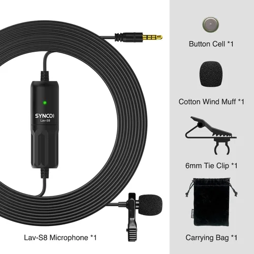 Vista 9 de SYNCO Micrófono Lavalier para DSLR, Lav S8 Micrófono de solapa para iPhone Cámara PC Android Reducción de ruido Auto-Emparejamiento Omnidireccional