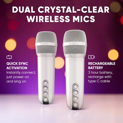 Vista 3 de MASINGO Mini máquina de karaoke portátil para niños y adultos con micrófonos Bluetooth inalámbricos duales, pantalla LED animada, USB/Aux/MicroSD