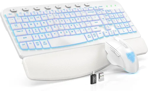 Vista 10 de SABLUTE Combo de teclado y mouse inalámbrico ergonómico, MA12Pro Wave teclado con reposamuñecas de cuero para escribir cómodamente, retroiluminación