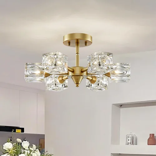 Vista 18 de XINGQI Lámpara de techo moderna de 6 luces, lámpara de montaje semiempotrado Sputnik, lámparas de araña doradas en negro para recámara, comedor
