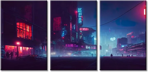 Vista 30 de Cuadros de 3 paneles de Cyberpunk City - Arte de pared de vallas publicitarias de edificios modernos en la capital con obras de arte modernas