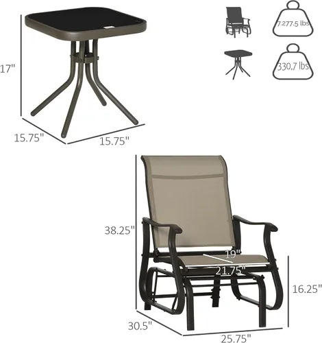 Vista 7 de Outsunny Juego de 3 planeadores para exteriores, mesa de bistró y sillas con marco de acero, mesa superior de vidrio templado para patio, jardín