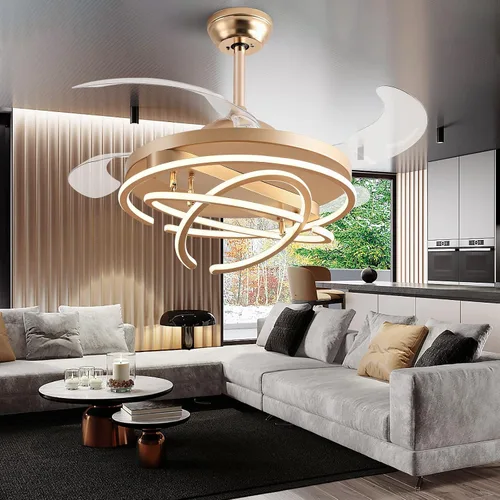 Vista 9 de Ventiladores de techo retráctiles de 42 pulgadas con control remoto de luces, modernos anillos de ventilador de techo LED, ventiladores de techo