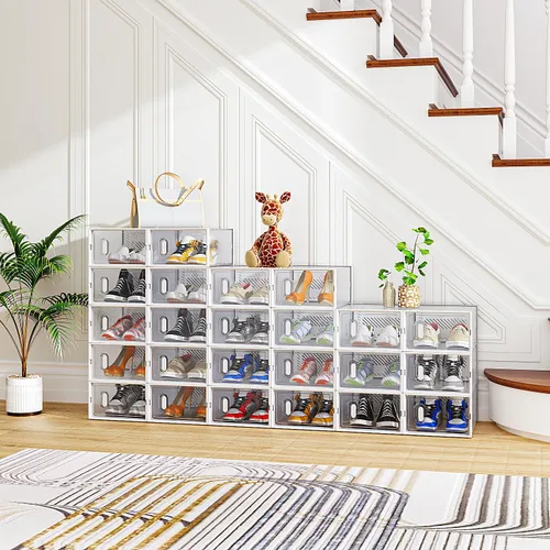 Vista 12 de Paquete de 6 cajas de zapatos apilables de plástico transparente, cajas organizadoras de zapatos con tapas para tenis, estuche para zapatos hasta