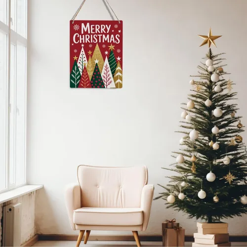 Vista 5 de Decoraciones de invierno para el hogar, decoración navideña roja para pared, decoraciones de invierno, decoración de pared de madera con árbol