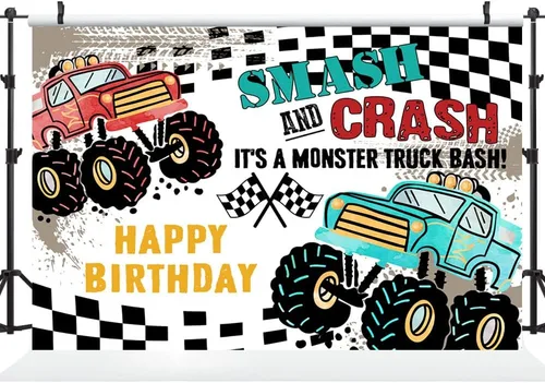 Vista 2 de Ticuenicoa Grave Digger - Fondo de cumpleaños de Monster Truck – Fondo de cabina de fotos con diseño de llama de 5 x 3 pies para niños, decoración