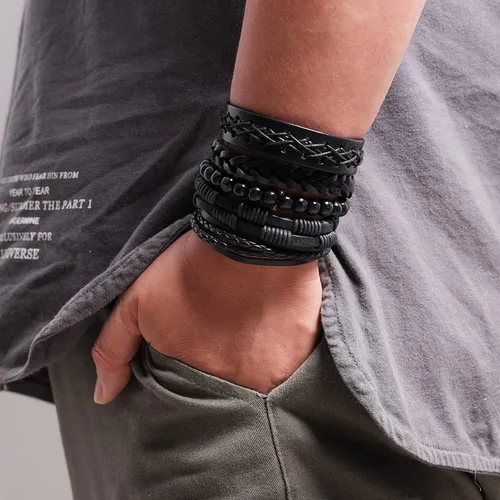 Vista 6 de Milakoo - 10 pulseras de cuero trenzado para hombre y mujer, pulseras de cuentas de madera ajustables