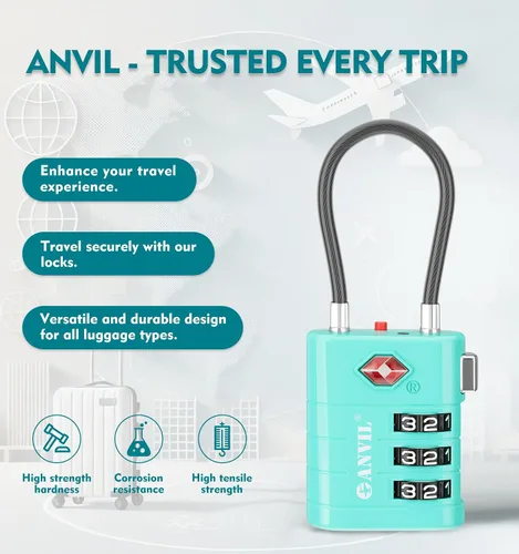 Vista 4 de ANVIL Cerraduras de equipaje aprobadas por la TSA - Cerraduras de viaje combinadas TSA008 de alta seguridad con indicador de inspección para maletas