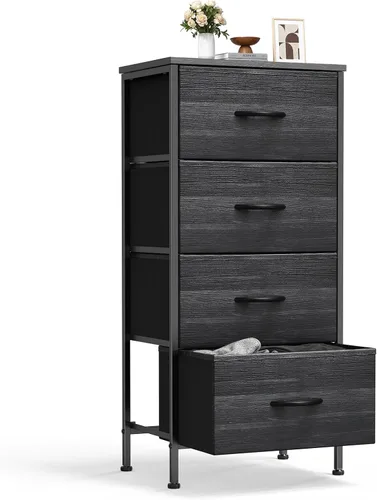 Vista 31 de Sweetcrispy Cómoda alta de tela para dormitorio, cómoda delgada de 6 cajones, torre de almacenamiento estrecha con parte superior de madera y marco