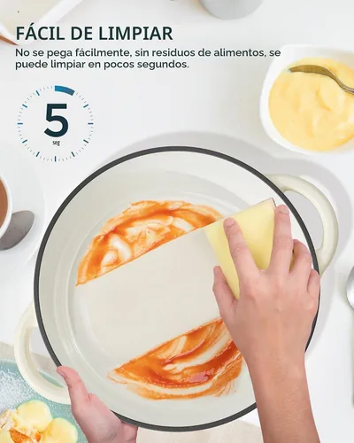 Vista 6 de Horno holandés de hierro fundido esmaltado, olla de 7.5 cuartos de galón con tapa y agarraderas de algodón, utensilios de cocina resistentes