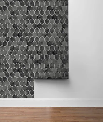 Vista 9 de NextWall Papel pintado geométrico hexagonal con incrustaciones para despegar y pegar (negro cósmico y plateado)