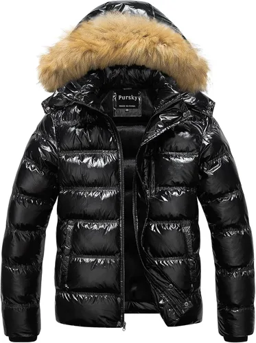 Vista 14 de Pursky Chaqueta de plumón impermeable para hombre, abrigos de invierno con capucha de piel para esquiar, parka con capucha de piel Verde militar