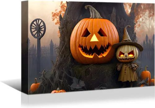Vista 8 de BANHUA1 Decoración de pared de calabaza de Halloween, lienzo, arte de pared, pósteres para decoración del hogar, arte de pared, impresiones