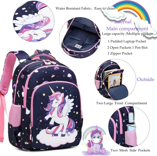 Vista 27 de Juego de mochila para niñas con diseño de unicornio, mochila escolar para niños, mochila para libros para niñas, set 3 en 1, regreso a clases