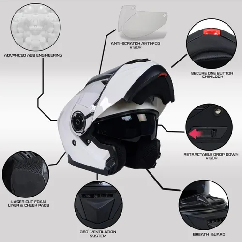 Vista 2 de Milwaukee Helmets MPH9816DOT 'Breeze' - Casco modular de motocicleta avanzado blanco para hombres y mujeres con visera desplegable