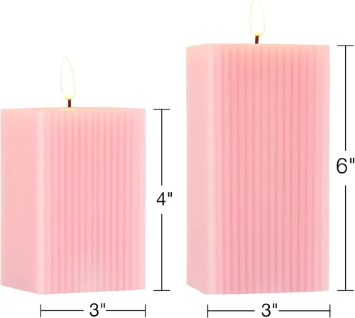 Vista 3 de Velas sin llama rosas con control remoto, velas LED cuadradas con nervaduras, juego de 2, velas alimentadas por batería parpadeantes, cera real, Φ