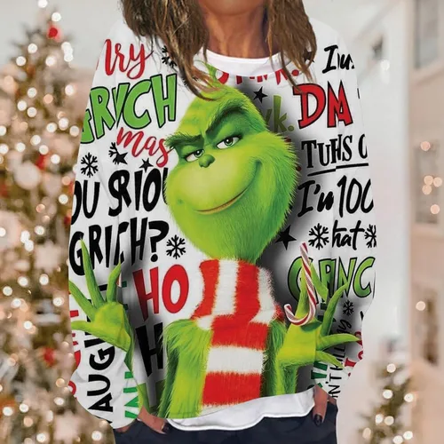 Vista 2 de WJDSZBD Suéter feo de Navidad para mujer, estampado de monstruo verde, manga larga, cuello redondo, sudaderas de fiesta de talla grande