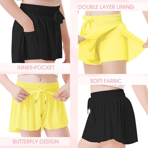 Vista 3 de 2 Packs Girls Butterfly Athletic Shorts for Girls Running Shorts for Kids with Pocket 2-in-1 Cheerleading Shorts