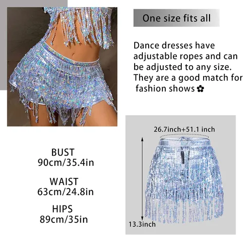 Vista 4 de Conjunto de falda para danza del vientre, lentejuelas brillantes, flecos, borlas y faldas cortas, para festivales y raves para mujer