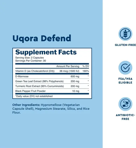 Vista 3 de Uqora Defend - Suplemento para la salud del tracto urinario - Apoya la salud de la vejiga y limpia la biopelícula* con D-manosa, extracto de té