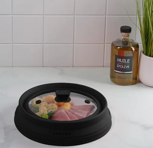 Vista 5 de Godinger Cubierta para salpicaduras de microondas, cubierta de microondas para alimentos, tapa de placa plegable con mango de fácil agarre, vidrio